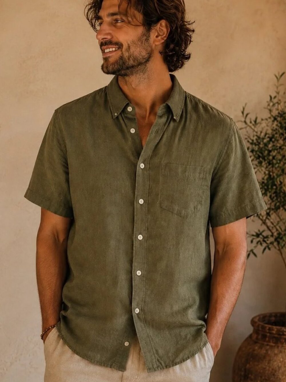 Banana Republic 100% Linen Shirt Button-Down Collar Olive Green Short Sleeve L